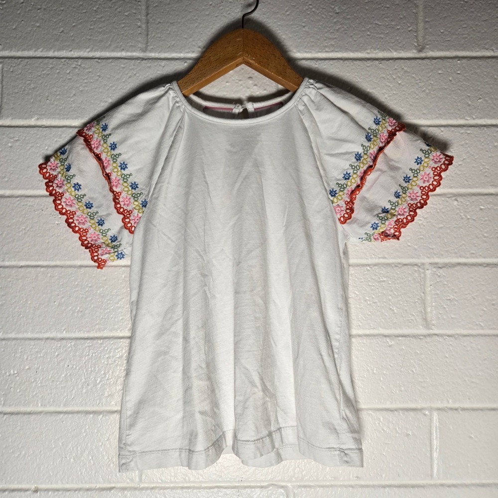 Mini Boden Girls Top 11-12Y White Embroidered Flutter Sleeve Boho Tee Garden‎